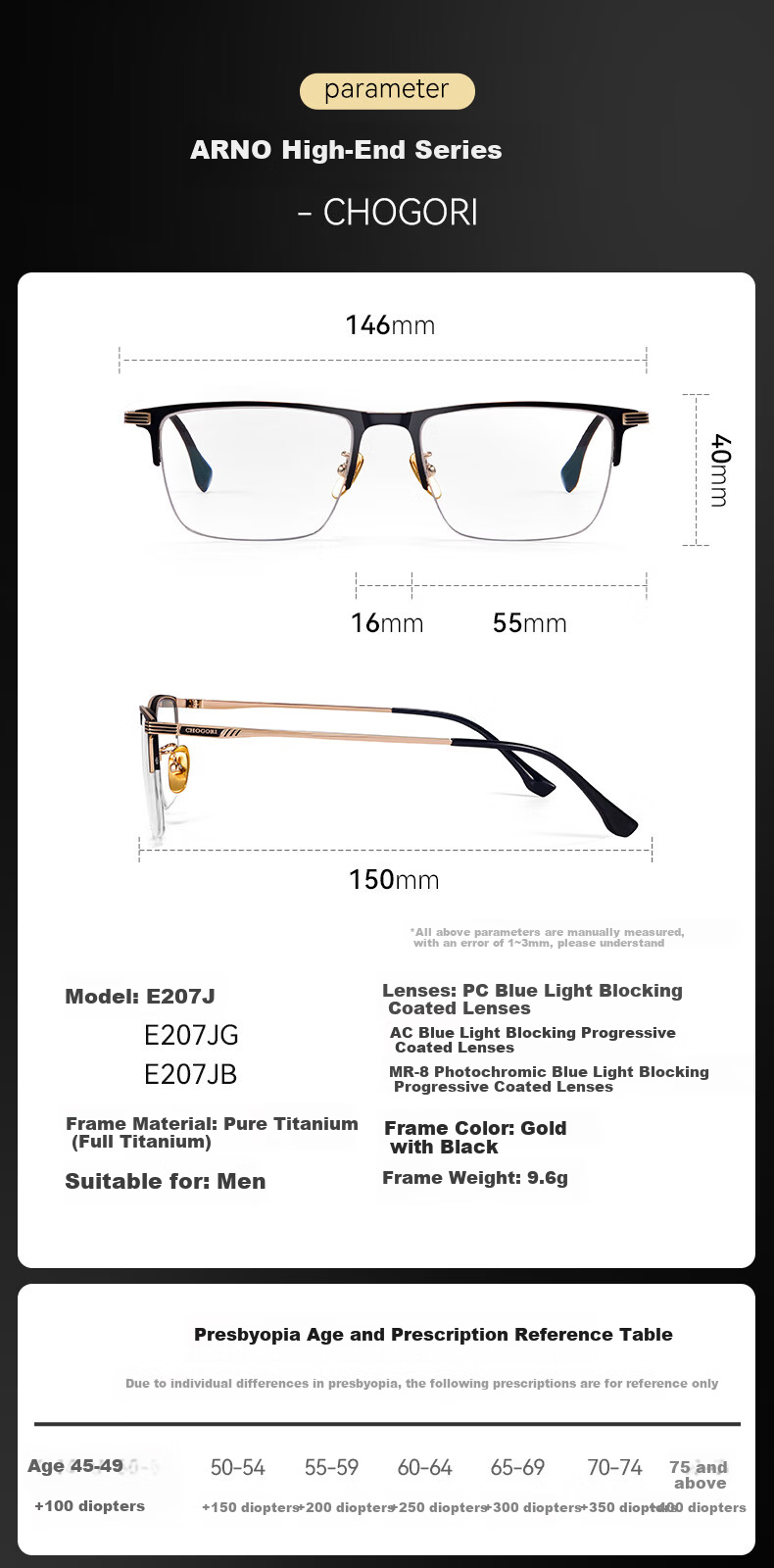 ARNO Focus On Your Eyes Men's Reading Glasses Imported Titanium Frame HD Blue Light Blocking Fashion Portable E207JG +1.50 Diopter 9