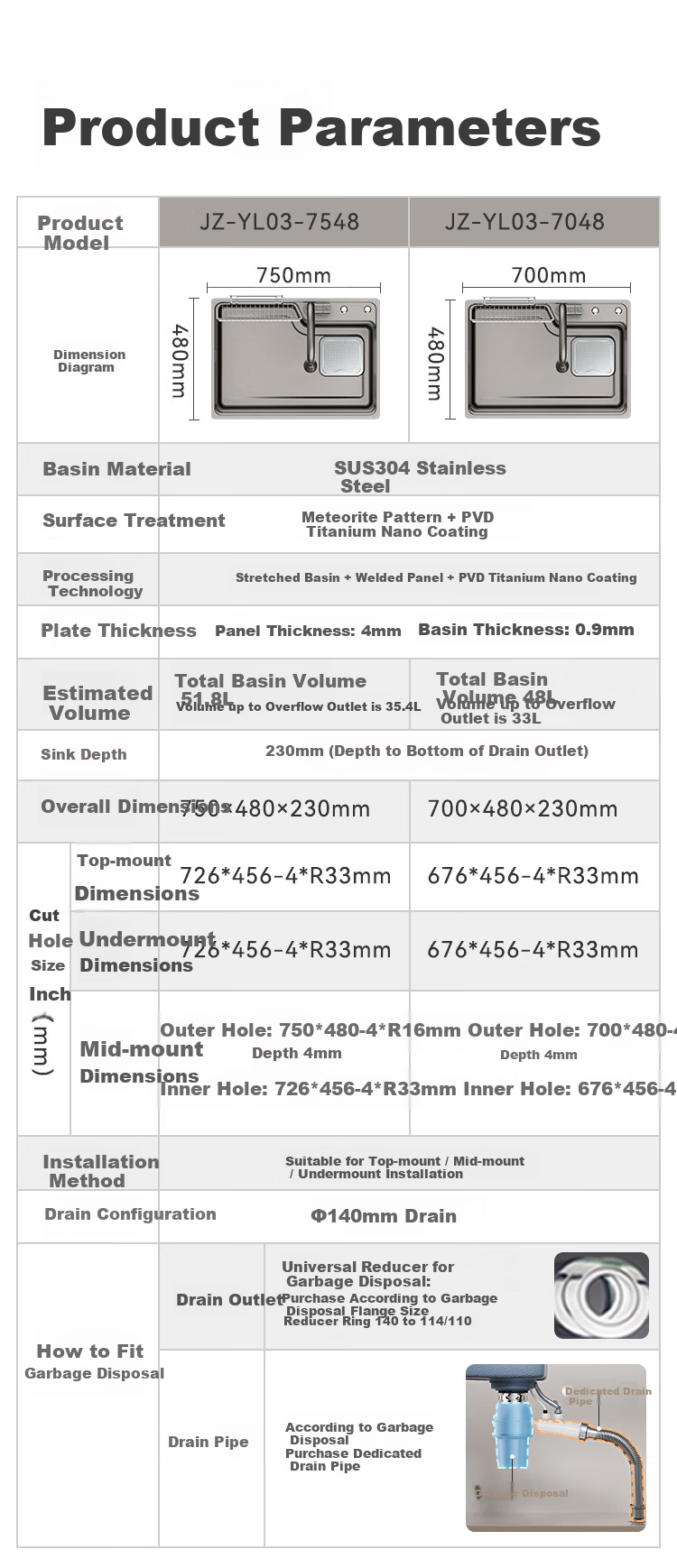 JD Jingzao Japanese Style Side Drain Embossed Thickened 304 Stainless Steel Pure Titanium 0 Coating Large Single Sink 70*48 with Faucet 16