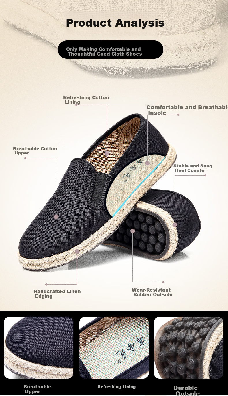 BUS HEYUAN Fisherman Shoes Canvas Shoes Men's Casual Linen Slip-On Old Beijing Cloth Shoes 93X-1027 Black 43 2