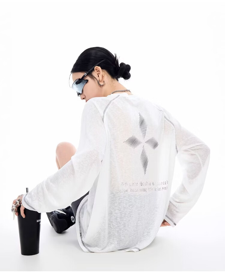 ICH MODE Lyocell Cross-Print Long-Sleeve T-Shirt, Physical Sun Protection Cover-Up for Women, Summer Hasselblad Online Top, White, Size S 23