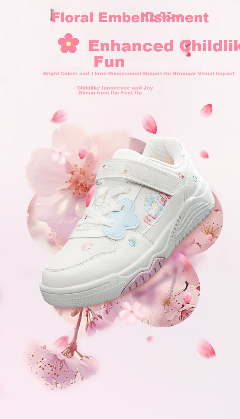 XTEP Kids Girls Flower Velcro Leather Panel Shoes Sail White/Peach Pink Size 28 5