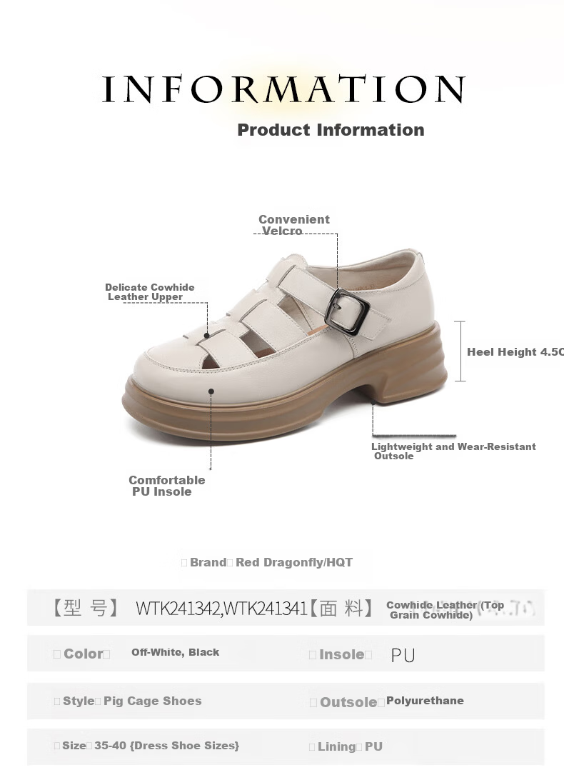 RED DRAGONFLY Women's Sandals, Summer Outdoor Wear, Cage Shoes, Women's Flats, Hollow Breathable Leather Shoes, WTK241342 Beige, Size 36 6