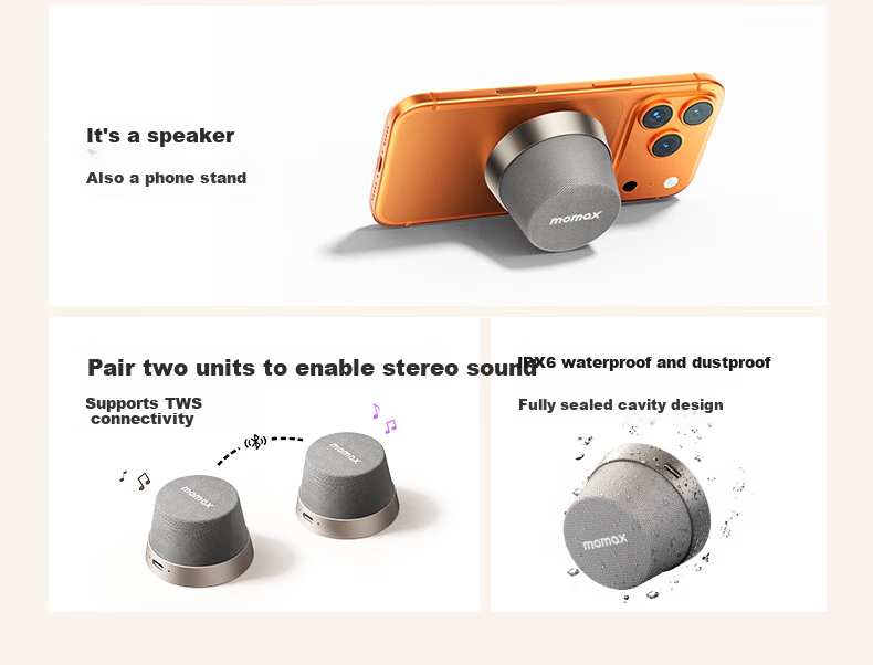 MOMAX Bathroom Speaker, Waterproof Magnetic Suction Speaker for Home Indoor Outdoor Desktop Use, Wireless Mini High-Quality Music Player for Sports And Travel, Creative Birthday Gift for Boyfriend Girlfriend 2