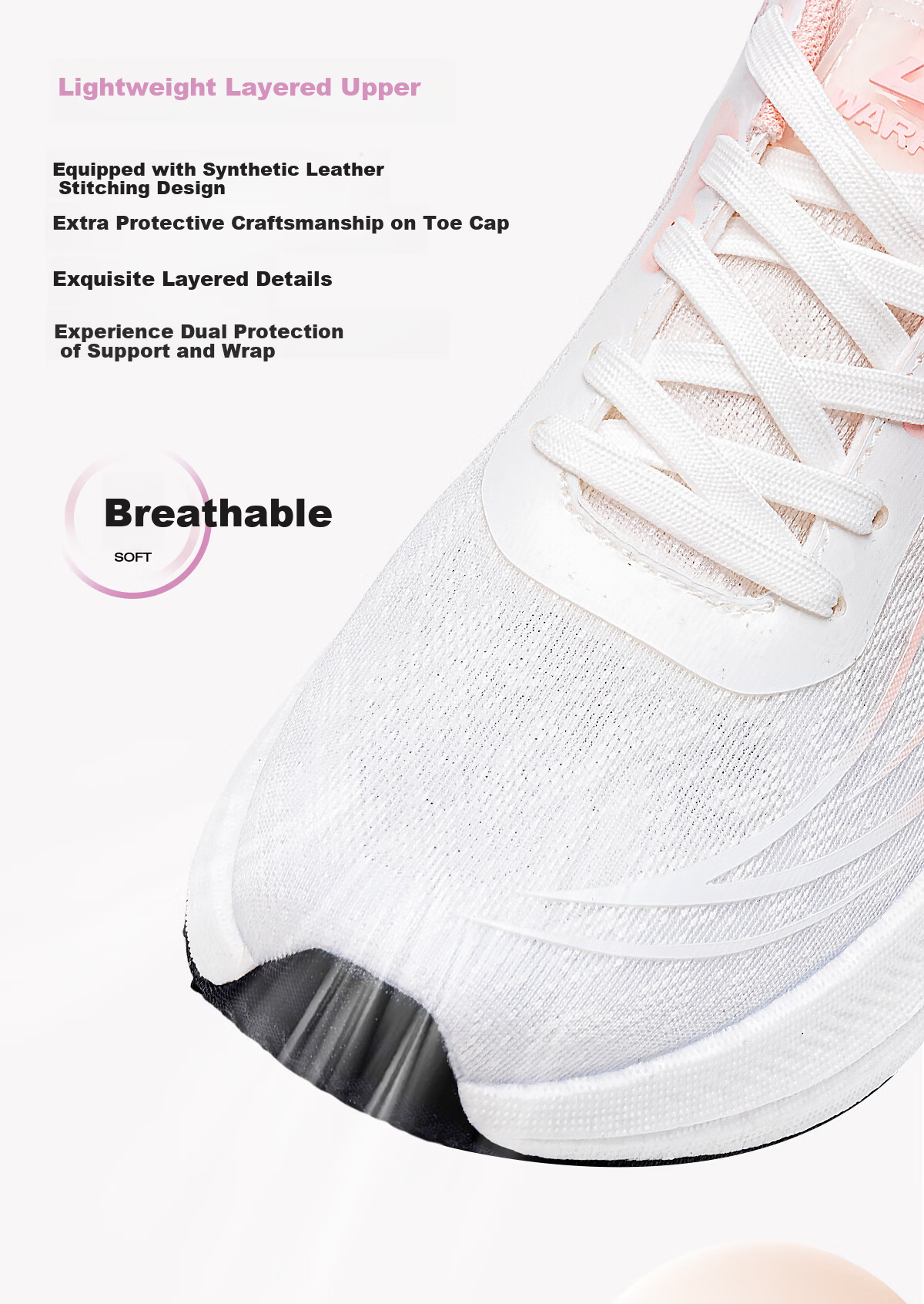 Warrior Women's Sports Shoes New Spring Mesh Breathable Thick Sole Cushioning Height Increasing Running Shoes White Pink Size 37 4