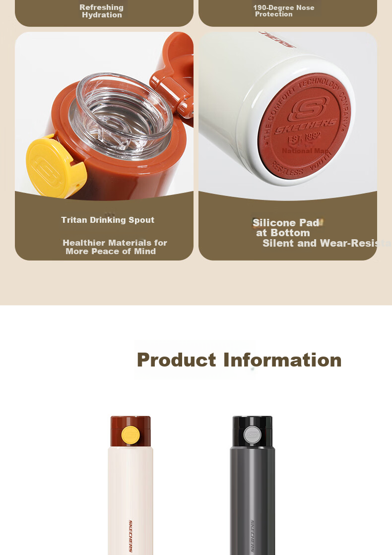 Skechers Yueyan Light Drink Cup 316 Stainless Steel Tritan Drinking Spout One-Button Flip Lid Insulated Mug Obsidian Gray 510ml 18