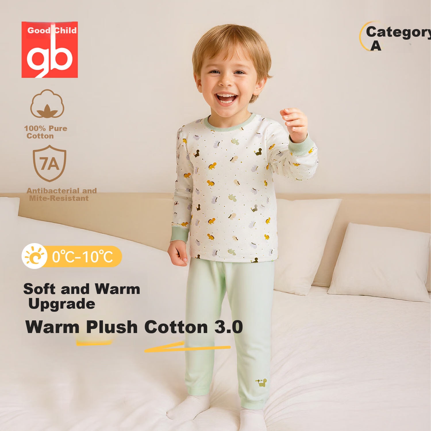 Gb (gb) Children's Pure Cotton Class A Autumn Clothes and Pants Set 7A Antibacterial and Anti-Mite Non-Fluorescent Underwear Set Dream Dinosaur Green