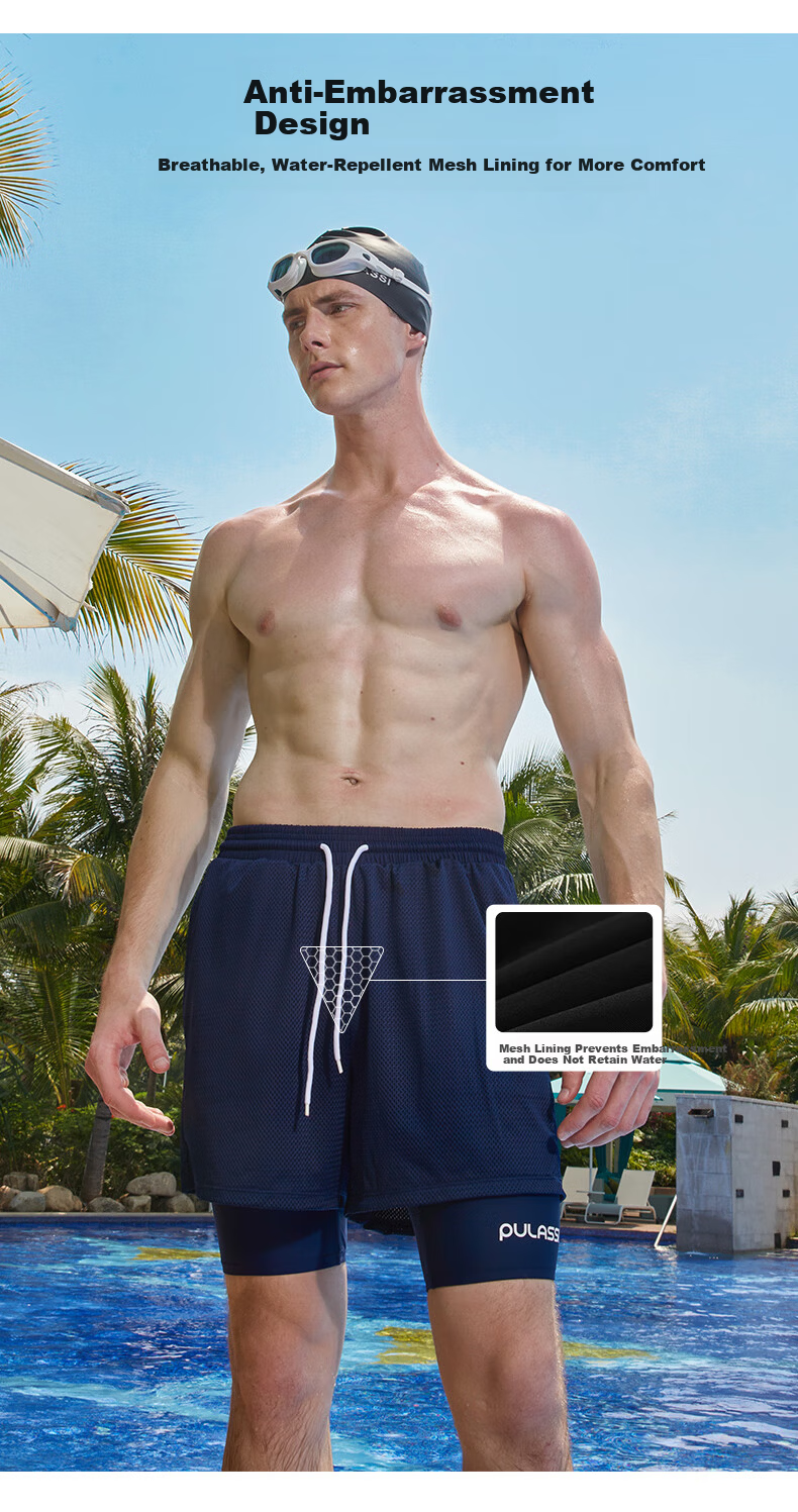 PULASSI Men's Swim Trunks Anti-Embarrassment Five-Point 2025 New Professional Quick-Dry Chlorine-Resistant Double-Layer Swimwear Black 3XL 5