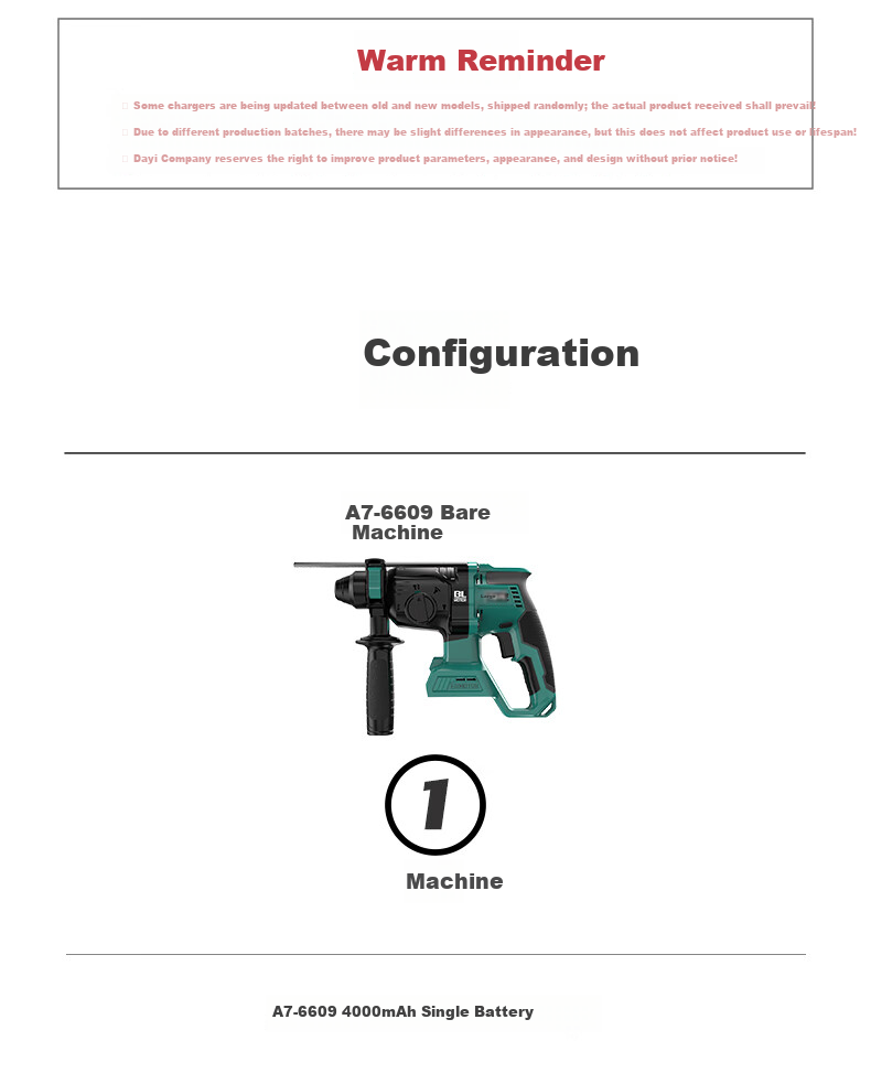 Dayi 20V Cordless Brushless Rotary Hammer A7-6609 Impact Drill Concrete Electric Hammer Single Battery Version 11