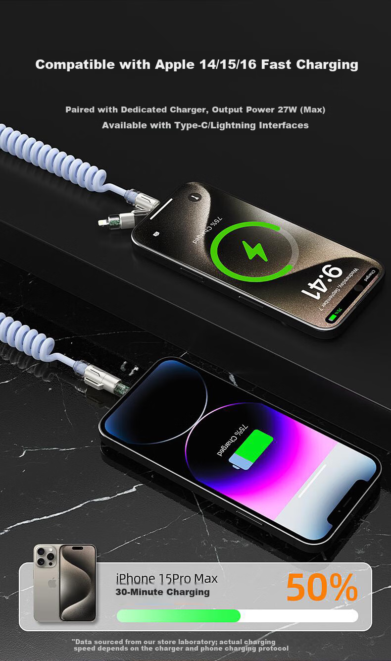 Beimo Glowing Four-in-One Spring Scented Core Data Cable 240W Fast Charging Car Projection Compatible with Apple 17/Huawei/Xiaomi/Honor/Vivo/Oppo 2m Blue 4