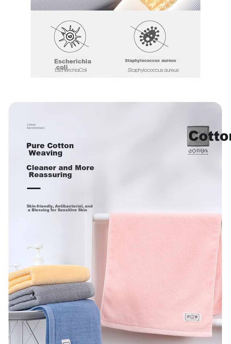 Grace Pure Cotton Grade 3 Antibacterial Towels 2-Pack Combed Cotton Unisex Face and Bath Towels 90g Blue+Gray Sports 3