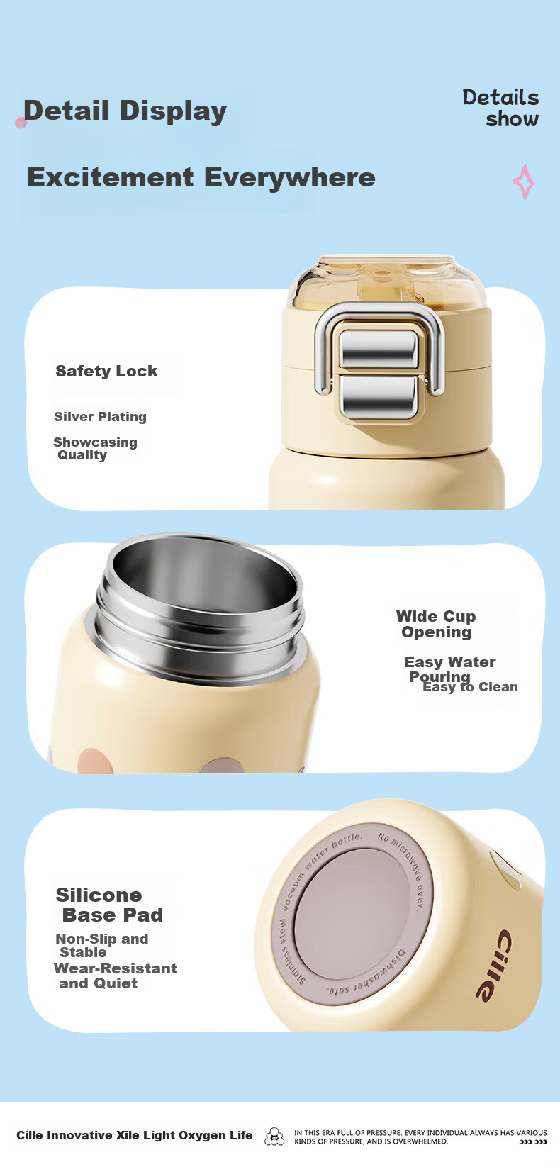 Cille Kids Insulated Water Bottle 316 Stainless Steel Student Portable Straw Cup for Boys and Girls 10