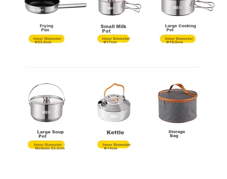 TAN XIAN ZHE 304 Stainless Steel Outdoor Cookware Set with Cassette Stove Camping Full Set Cooking Pot Kettle 7