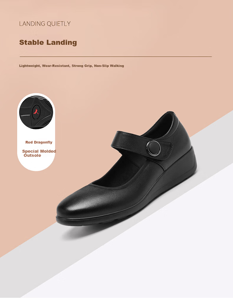 Red Dragonfly Women's Soft Sole Wedge Mid-Aged Mary Jane Casual Leather Shoes WTB152701 Black Size 39 4