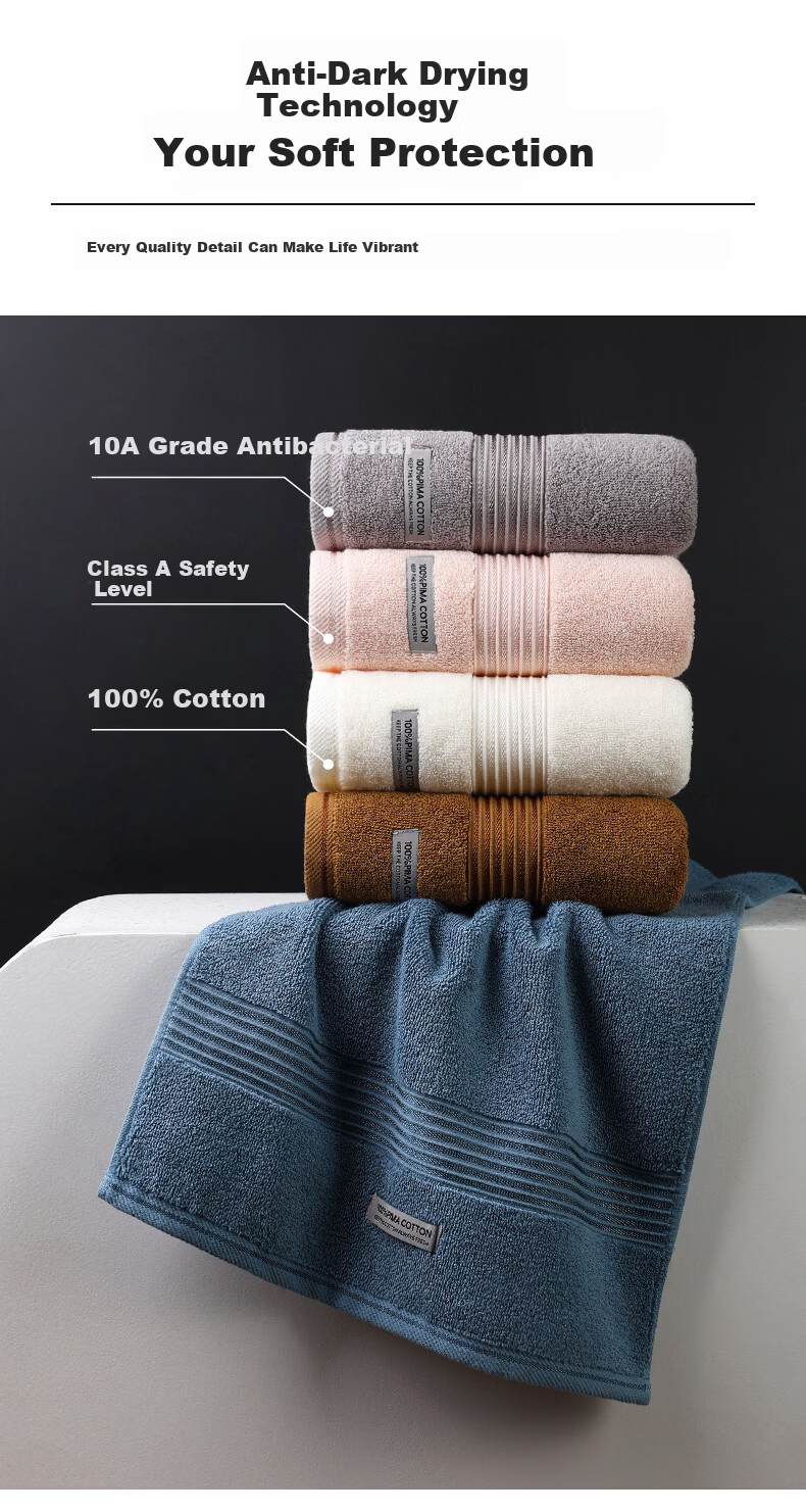 MINISO Pure Cotton Absorbent Towel Thickened Solid Color Antibacterial Face Towel Pink Purple + Orange Blue 2