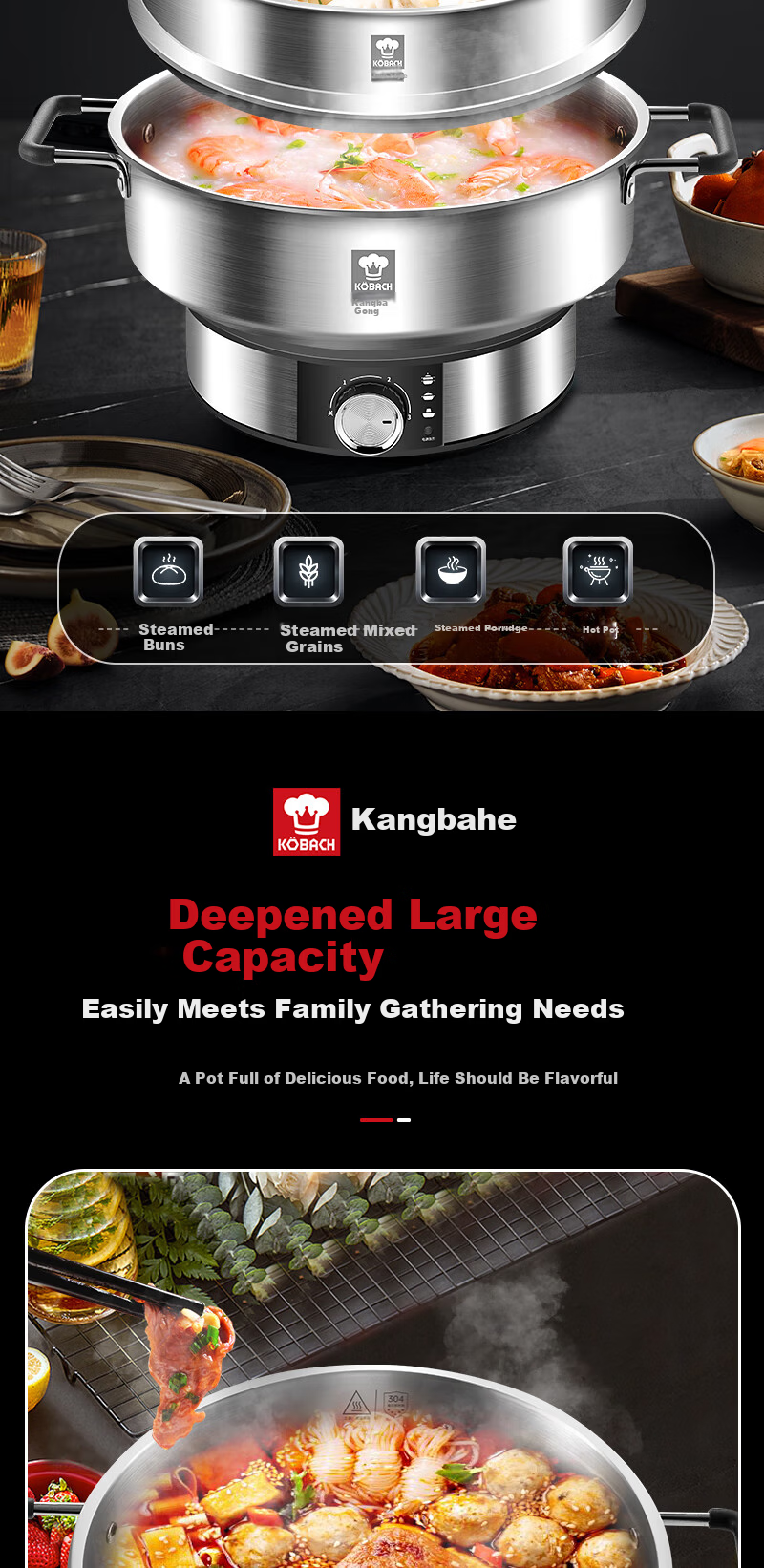 Kambach Small Electric Hot Pot 1-2 Person Non-Coated Stainless Steel Ultra-Fast Boiling Multi-Functional Household Electric Frying Pan 304 Hot Pot Steamer 24cm 5