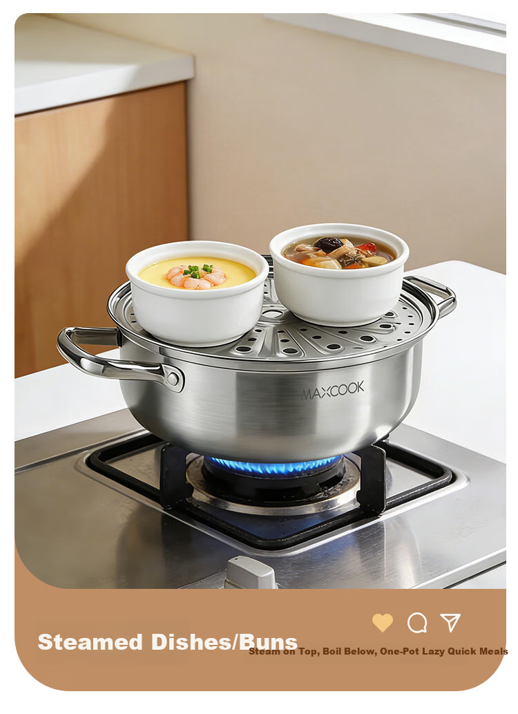 MAXCOOK 28CM Thickened Stainless Steel Single-Layer Steamer Pot Hot Pot Soup Steamer Compatible with Gas Stove and Induction Cooker 8