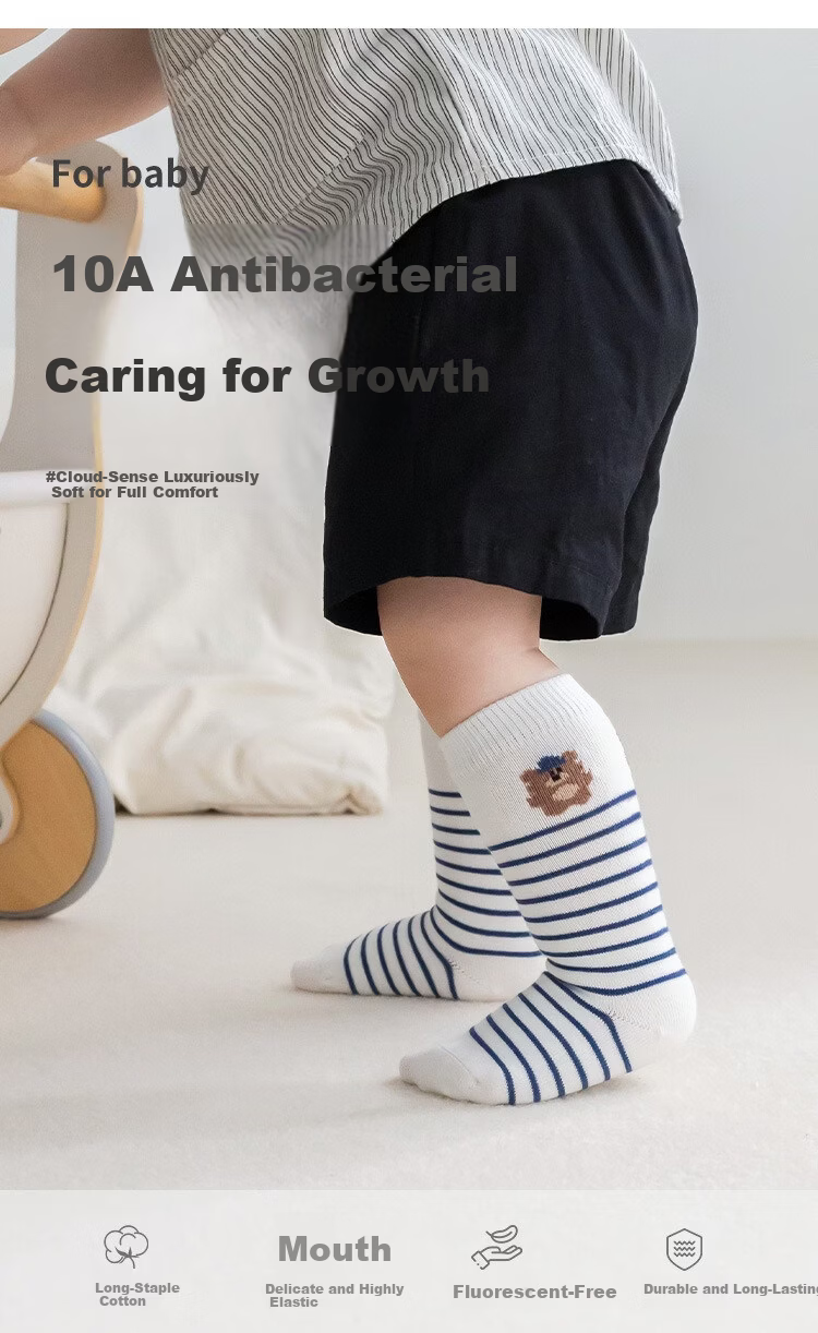 Five Cotton 3-Pair Pack Baby Socks Spring Summer Striped Combed Cotton Calf Socks Class A Seamless Soft Cuff Non-Binding Mid-Calf Baby Socks 1