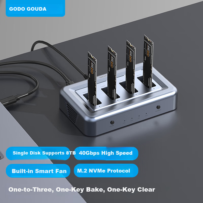 GODO System Cloning And Copying Machine, M.2 SSD Docking Station, Four-Bay NVMe Replication, One-To Thunderbolt 40Gbps