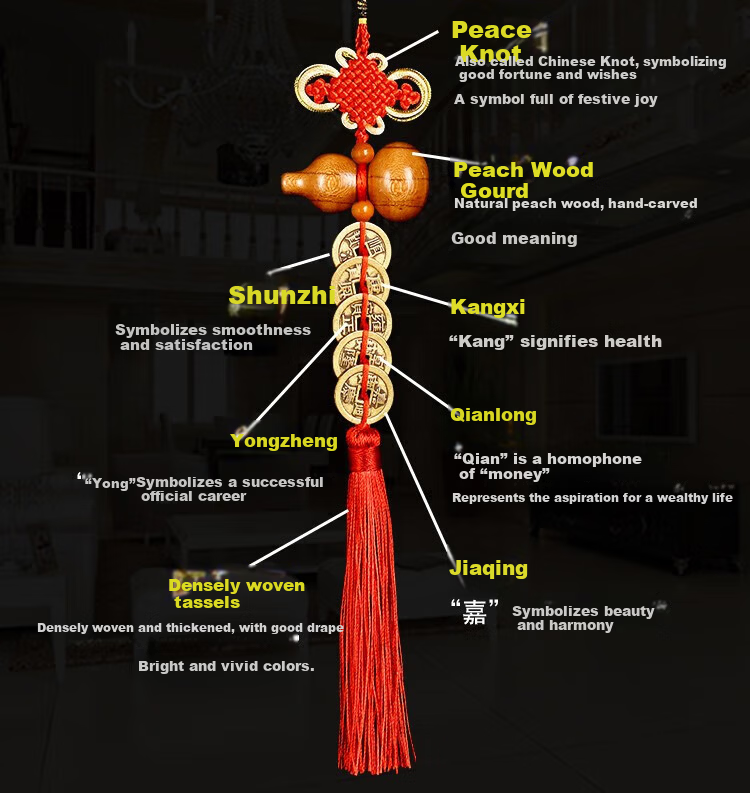 Feng Shui Pavilion Five Emperor Coins Door-to-Door Hanging Peach Wood Gourd Copper Coin Decoration for Main Door Bedroom Bathroom 14