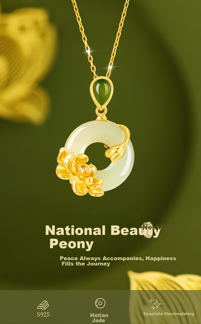 Zhenshangyin Chinese Gold Hetian Jade Peace Buckle Silver Necklace for Women, Mother's Day Gift, Practical Birthday Present for Elders 1