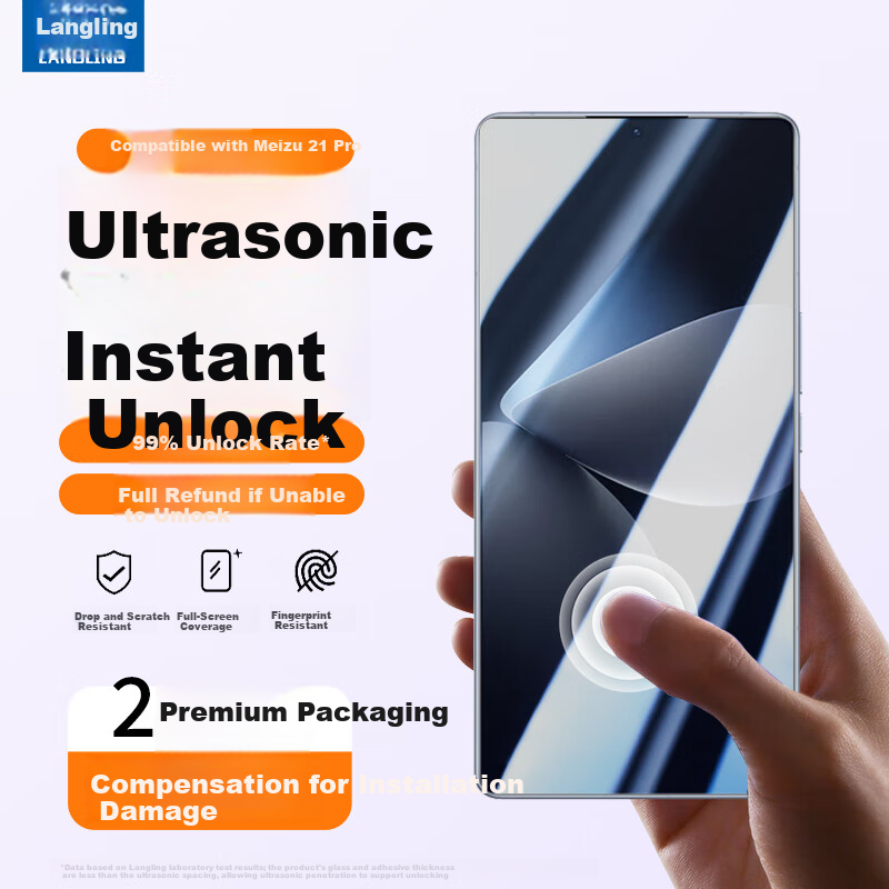 LANGLING [2-Pack] Tempered Glass Screen Protector for Meizu 21 Pro, Full-Screen Coverage, Ultrasonic Fingerprint Unlock, HD, No Black or White Edges, Drop-Resistant Phone Protective Film