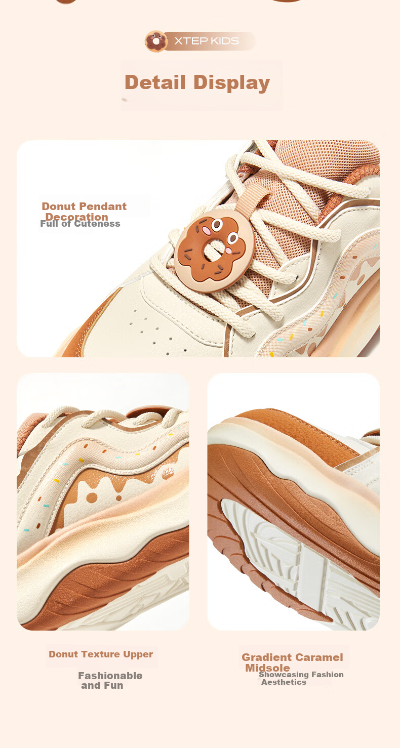 XTEP Kids Macaron Colorblock Sneakers Girls Donut Lace-up Sports Shoes Tea White/Lilac Brown Size 35 11