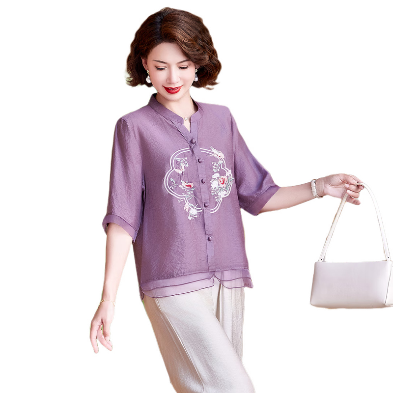 Hodo New Chinese Style Summer Shirt Set for Moms 2026 New 50-60 Years Old Middle-aged and Elderly Women's Two-piece Top Set