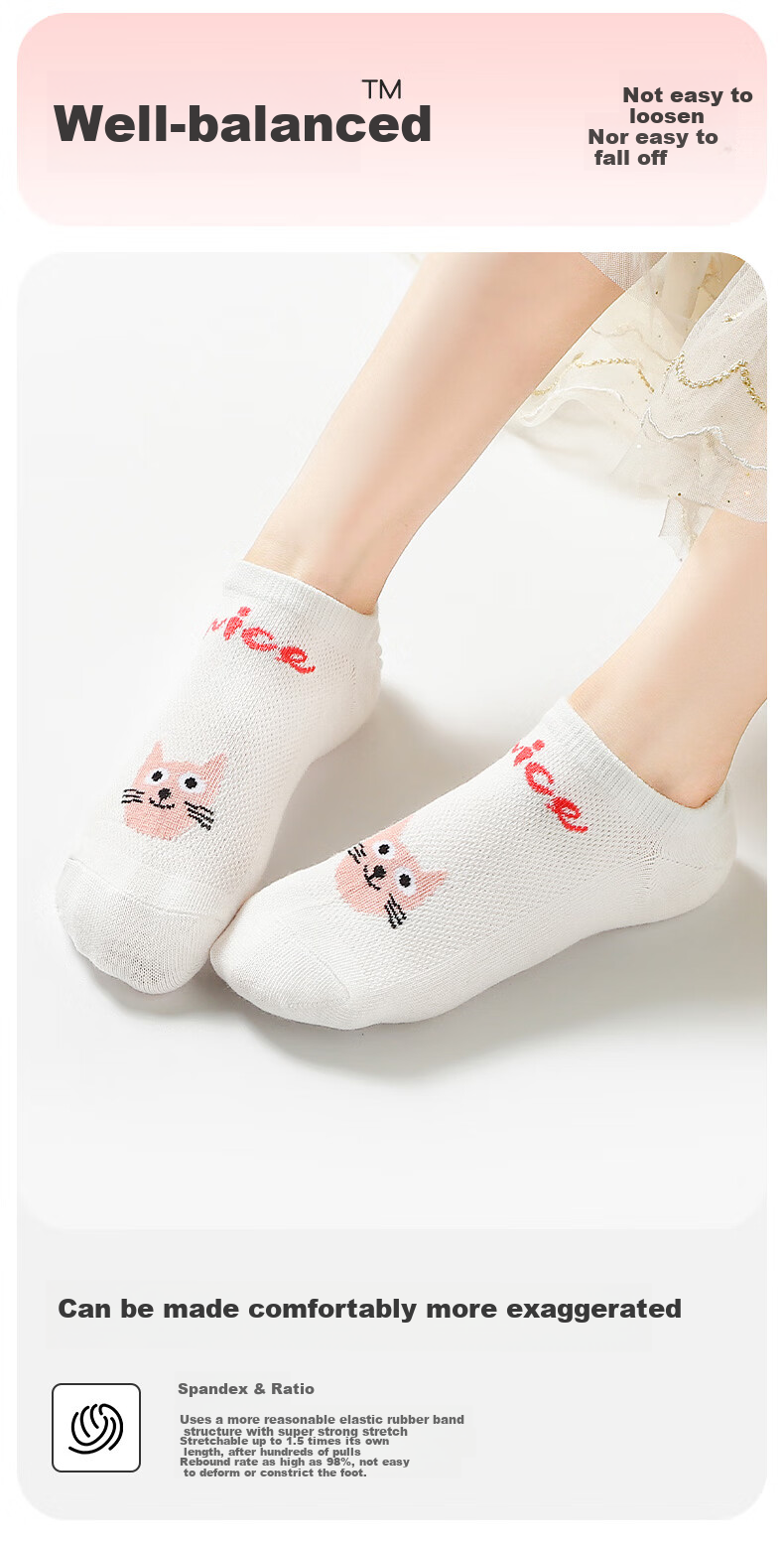 Langsha 5 Pairs Children's Socks Girls Summer Thin Breathable Short Cotton Mesh Invisible Boat Socks for Kids 6