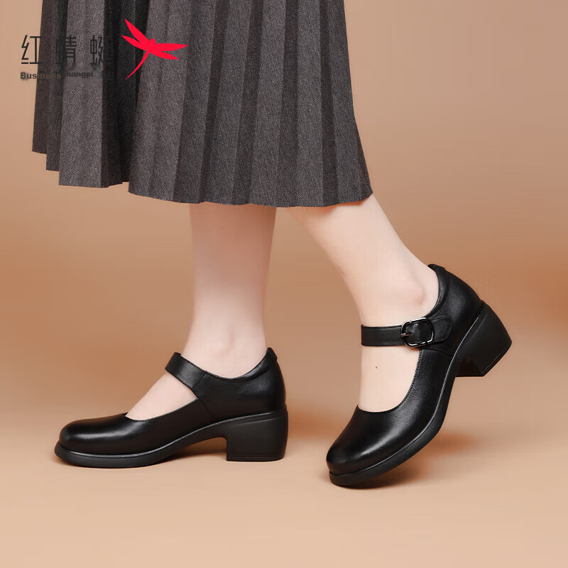 Red Dragonfly Women's Chunky Heel Low-Cut Round Toe Mary Jane Retro Leather Shoes WTB234171