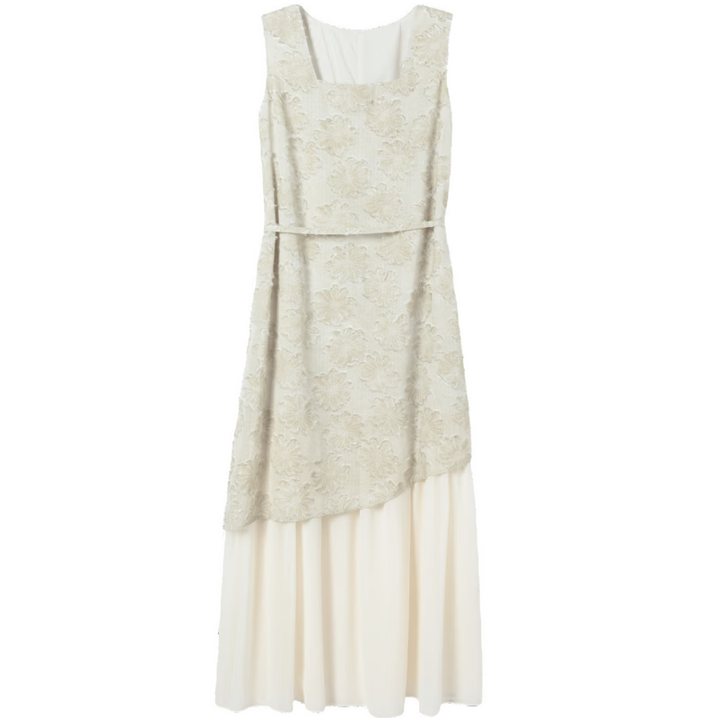Demana Summer Faux Two-Piece Spliced Chiffon Lightweight Loose Sleeveless A-Line Mid-Length Dress with Cutwork and Print