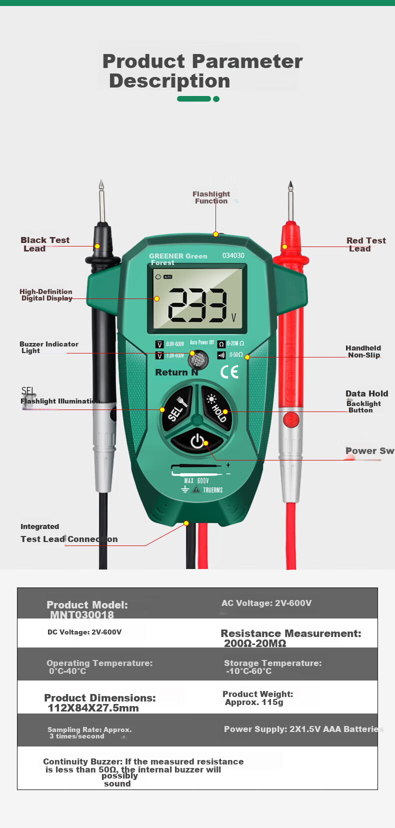 GREENER Digital Multimeter High-Precision Universal Smart Anti-Burn Backlit Large Screen Digital Display Electrician Multimeter Kit 15