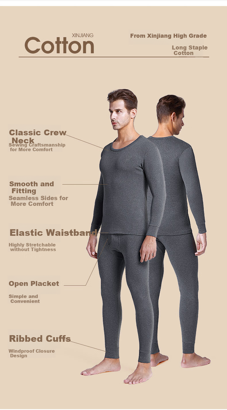 LangSha Thermal Underwear for Men, Autumn And Winter Warm Set, Fleece-Lined And Thickened, Antibacterial, German Wool, Heat-Generating Autumn Top And Pants for Me 14