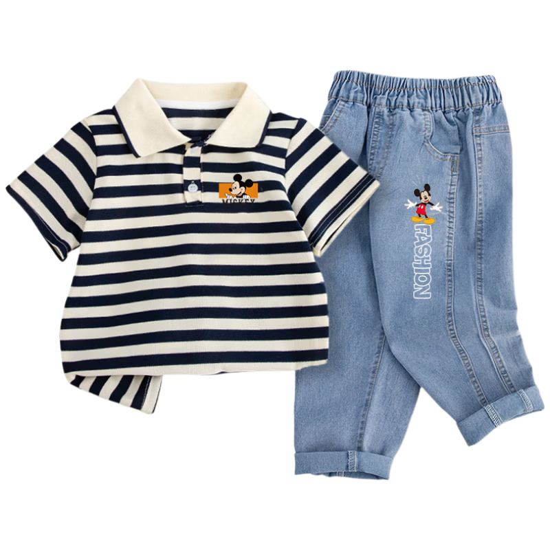 Disney Kids Summer New Polo Shirt and Denim Jeans Set College Style Versatile Pants and Top White+Blue 120