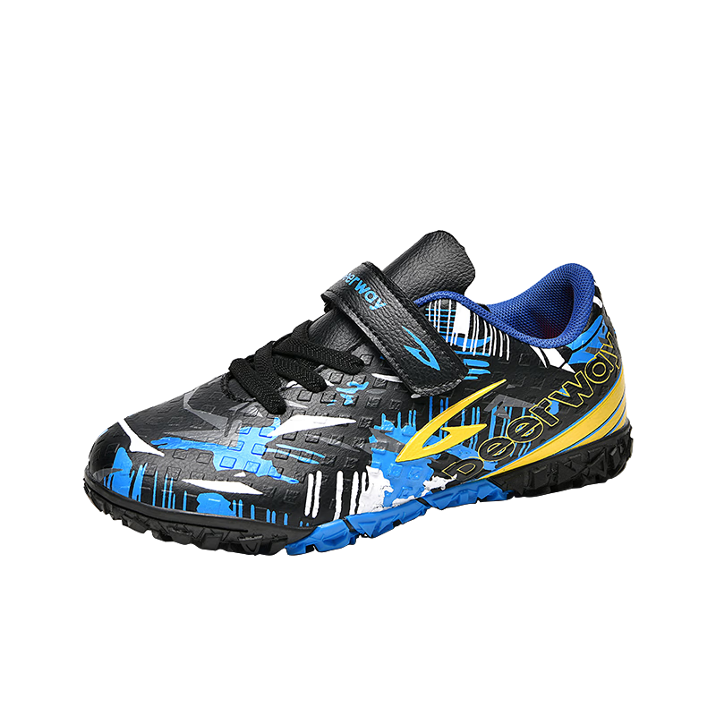 Delhui Kids Soccer Shoes TF Turf Studs 6-12 Years Old Slip-On School Grass Football Training Black Blue Yellow Size 32