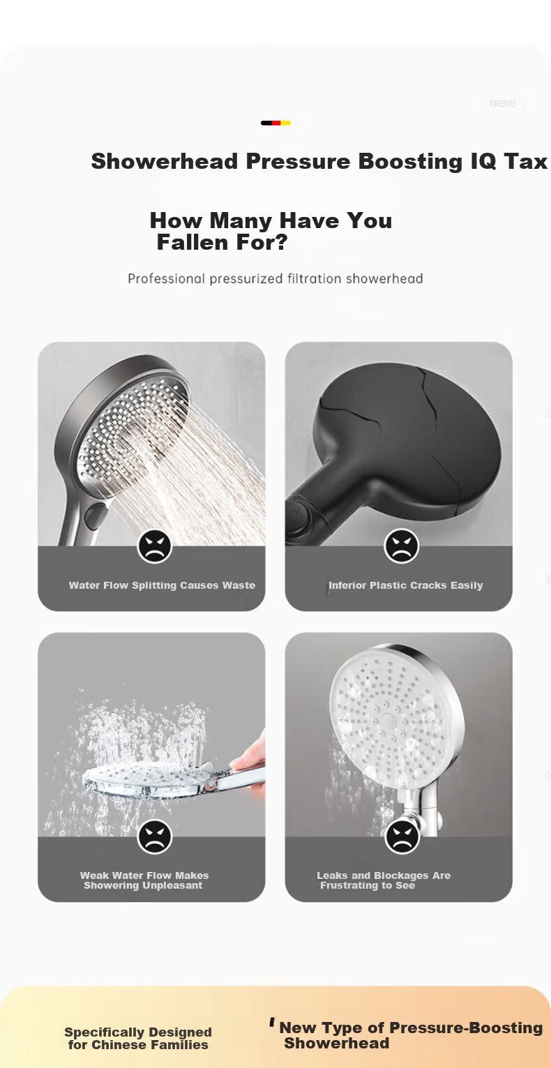 HOMK German Pressurized Shower Head 304 Stainless Steel High-Pressure Shower Sprayer 5