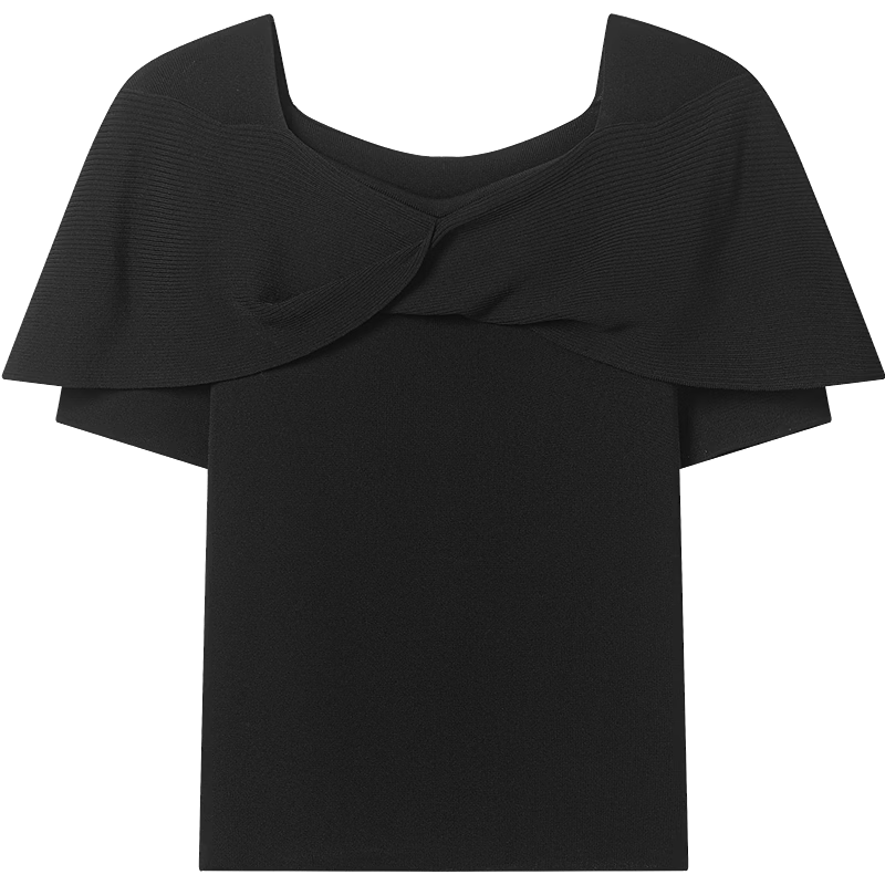 Yixiang Liying Black Off-Shoulder Knit Top Women New Short Sleeve Square Neck Blouse Lanye Black 160/84A/M