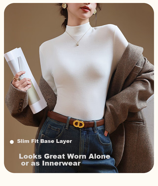 XUEXIMAN Women's Turtleneck Fleece-Lined Thickened Double-Sided Velvet Thermal Layered Top for Autumn and Winter 12