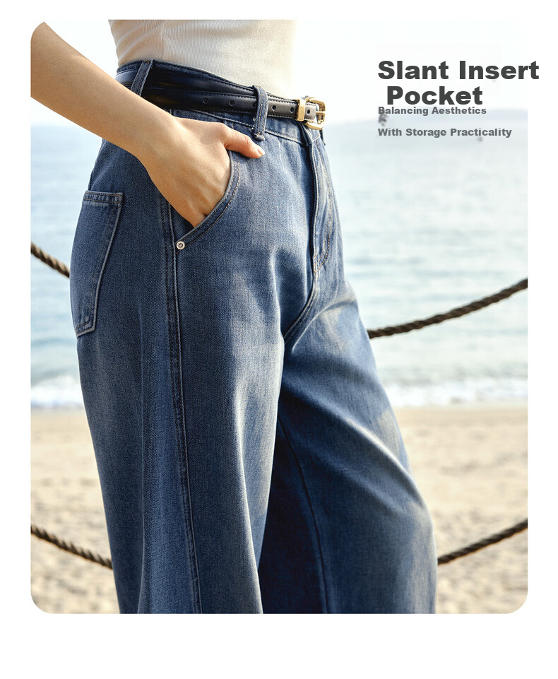 Olrain Tencel Denim Cotton Loose Wide-Leg Curved Hem Floor-Length Jeans Women's Spring Blue M 12
