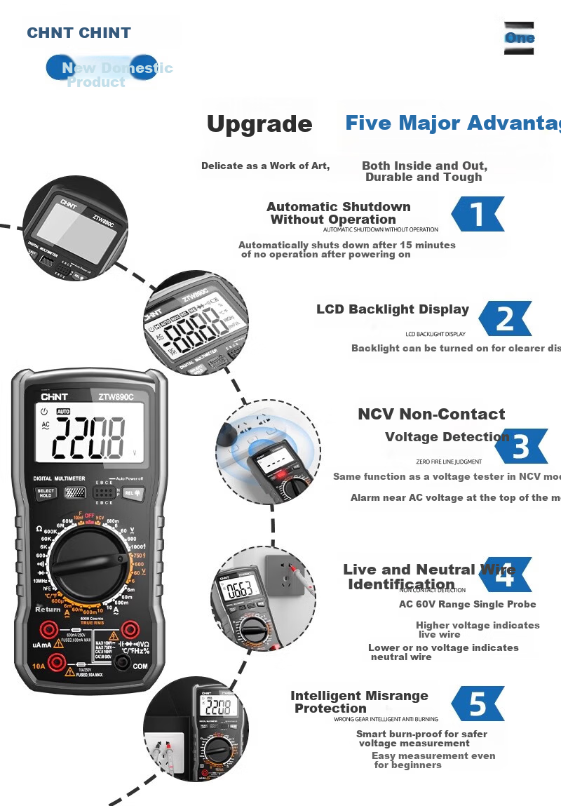 CHNT Digital Multimeter High Precision Smart Auto-Burn Protection Multifunctional Household Electrical Repair Universal Meter 11