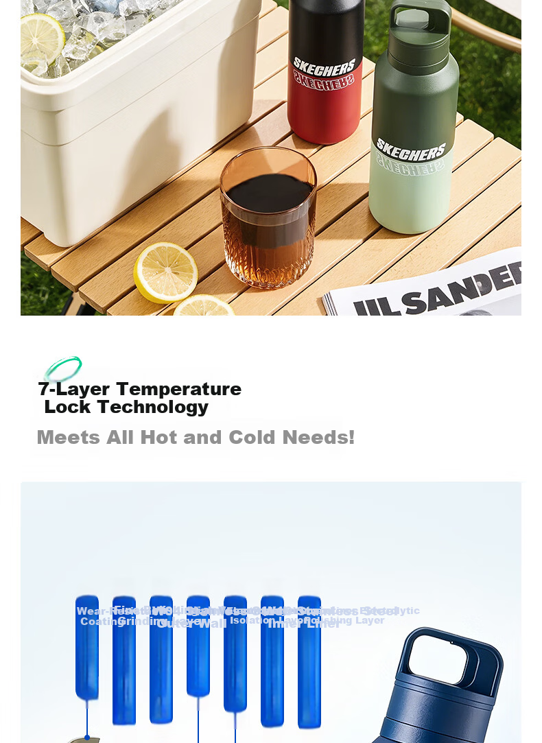 Skechers Qingyu Flash Insulated Water Bottle Student Portable Large Capacity Car Outdoor Deep Blue Summit 550mL 10