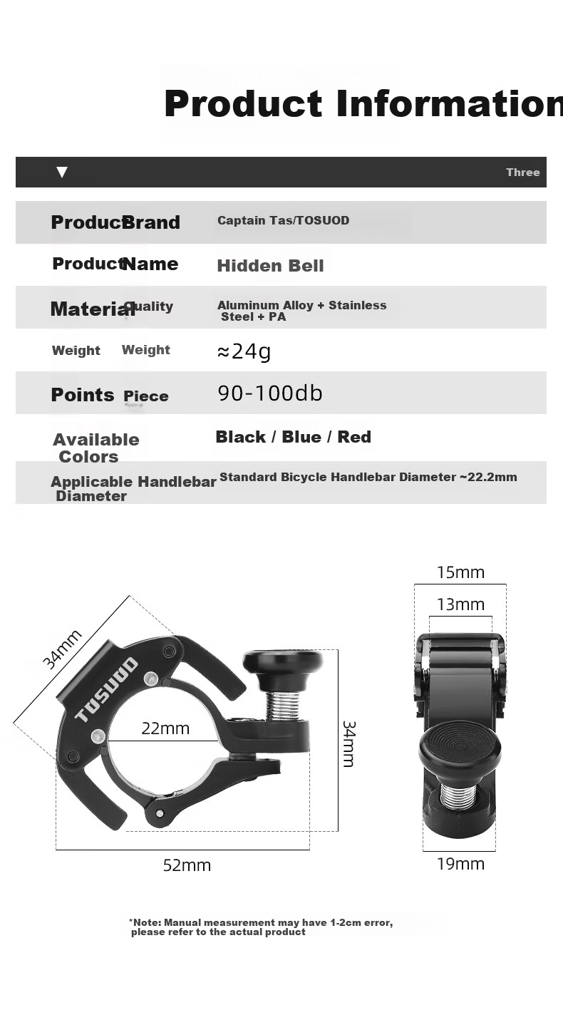 Captain Tas Bicycle Bell Compact Loud Mountain Road Bike Universal Kids Invisible Horn Portable Cycling Equipment 2