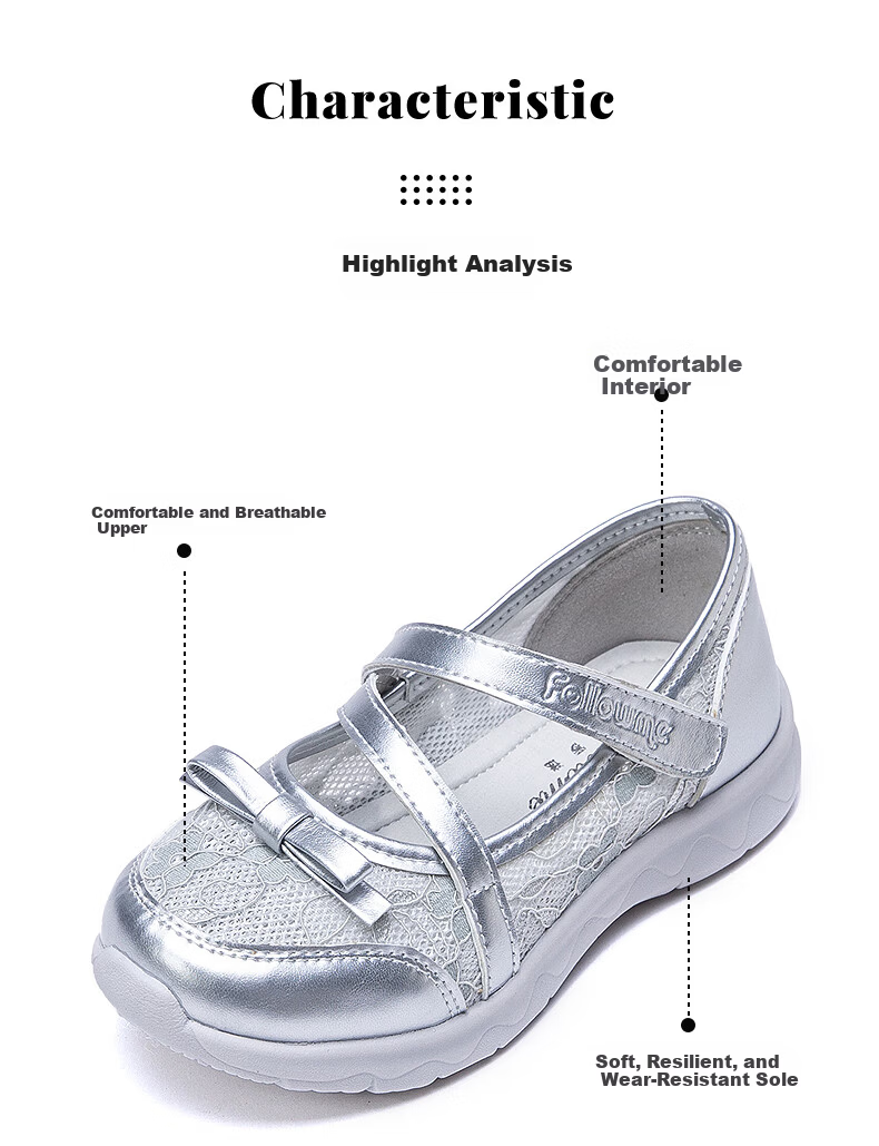 Follow Me Girls' Sports Shoes, Spring And Autumn Mesh Breathable Casual Shoes, Big Kids Sweet Bow Flats, Silver, Size 30 2
