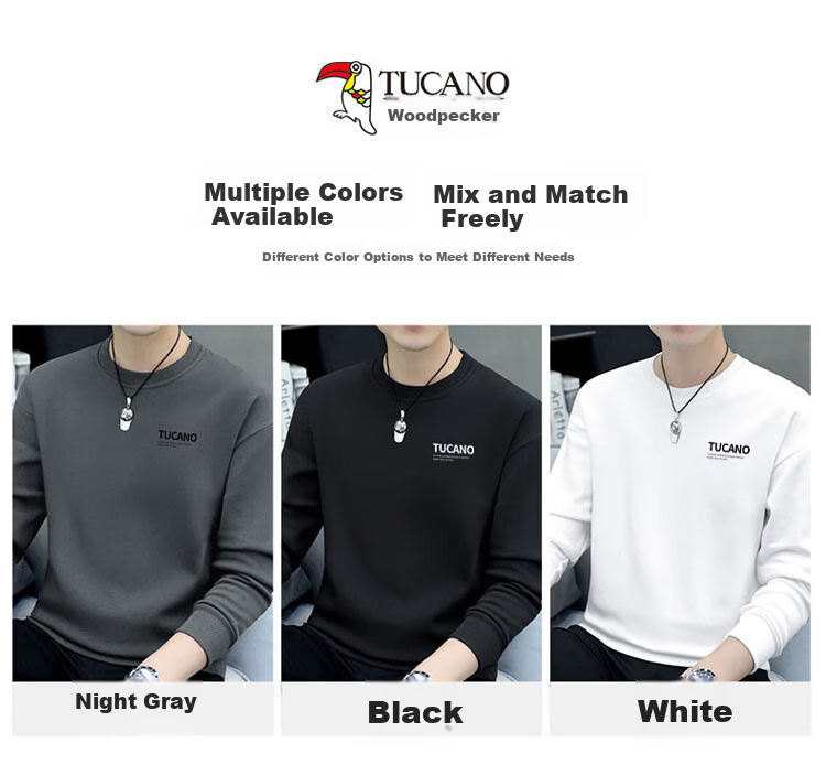 TUCANO Sweatshirt for Men, Spring And Autumn Round Neck Long Sleeve T-Shirt, Base Layer, Loose Casual Clothing, Jacket for Men's Wear, Black, 2XL 8