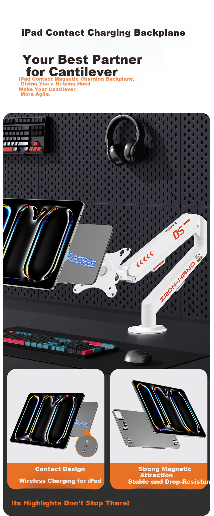 Jingshan iPad Contact Charging Cantilever Stand Magnetic Charging Backplate Set VESA Wireless Charger Apple Mechanical Arm Tablet Stand Air Pro 360-Degree Rotating Stand 4