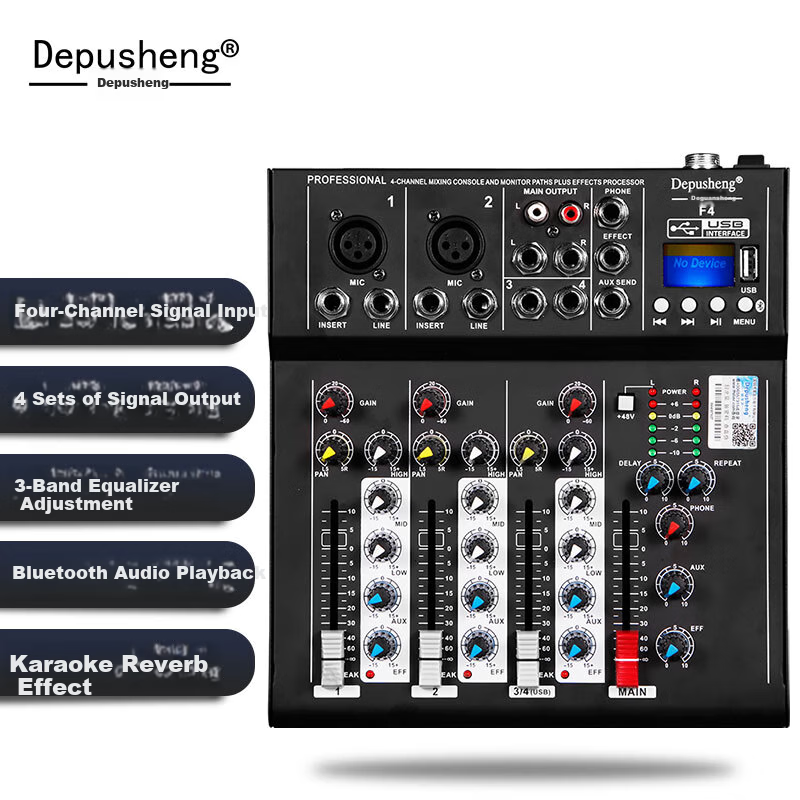 Depusheng Professional 4-Channel Mixer USB Sound Card Bluetooth U Disk Equalizer Reverb Portable F4 for Computer Recording Home KTV Singing Online Video Conference Live Streaming