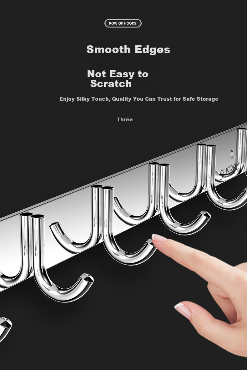 Baizi 304 Stainless Steel Wall-Mounted Clothes Hooks, No-Drill Thickened Bathroom Door Storage Rack, 8 Hooks Adhesive Hooks 6