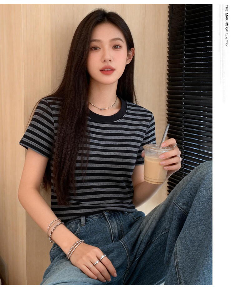 Yiershuang Women's Summer Base Layer T-Shirt, Lyocell Tencel Thin Striped Slimming Short Sleeve Top 18