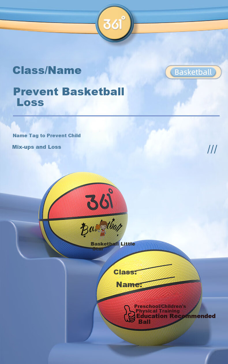 361° Children's Toy Basketball Size 5 for Kindergarten and Primary School, 3-6 Years Old Baby Soft Ball with Writable Name and Class Label 5