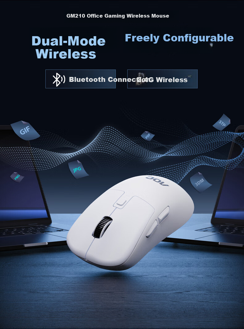 AOC MS400 Wireless Bluetooth Dual-Mode Mouse RGB Gaming Mouse Rechargeable Portable Laptop Mouse Light Blue White 3