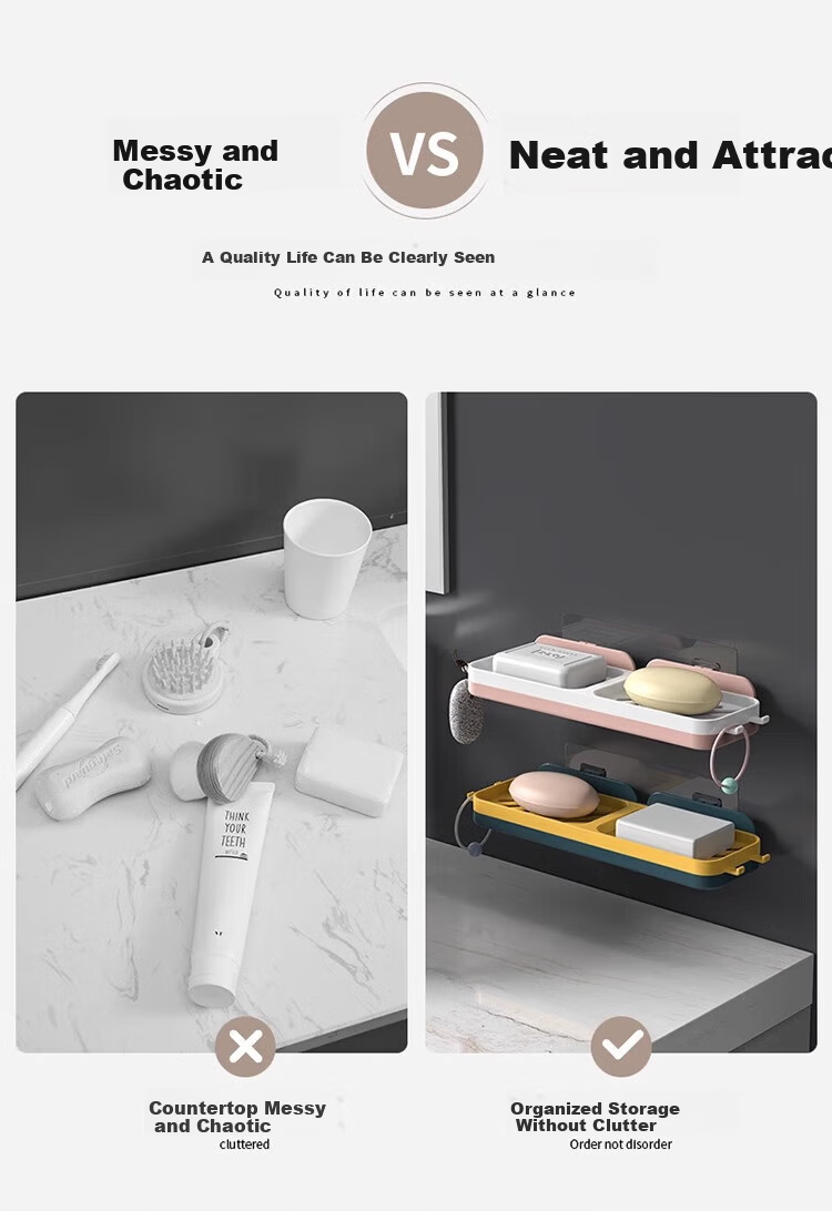 Tingjian Time Wall-Mounted Soap Box Storage Rack No-Drill Bathroom Sink Double-Layer Draining Soap Holder 8